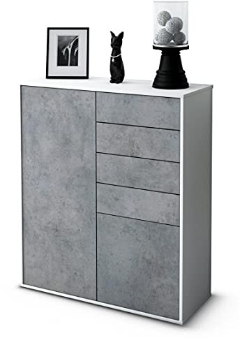 Stil.Zeit Highboard Leonora, Korpus Weiss matt, Front Industrie-Design Beton (92x108x35cm), Push-to-Open Technik & Leichtlaufschienen