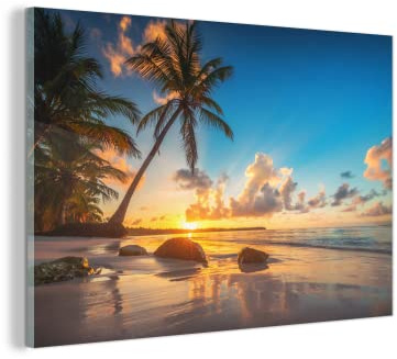 MuchoWow Glasbild Glasfoto Wandbild Bilder Deko 150x100 cm Strand - Meer - Palme - Sonnenuntergang