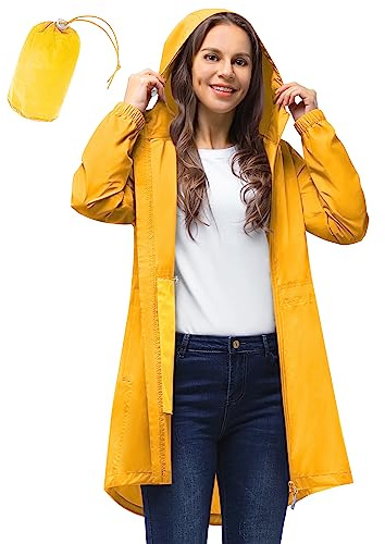 33,000ft Damen Dünne Wasserdichte Faltbar Regenmantel Regenjacke mit Kapuze, Leicht Atmungsaktive Travel Regenponcho, Lange Windbreaker Jacke für Frauen