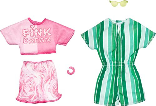Barbie Fashion Pack - HJT40 - Ensemble Tenues de vêtements pour poupée - Haut Court + Mini-Jupe Roses et Barboteuse Verte à Rayures