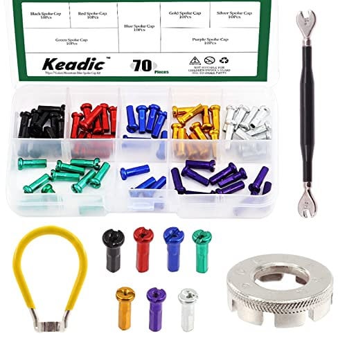 Keadic 73Pcs Bicycle Spoke Tool Set Includes 8 Cut Open Spoke Wrench Truing, Adjustable Spoke Wrench, 7 Colors Spoke Nipples and Double Wrench Cycling Pocket Tools for Mountain Road Bike Rim Correct