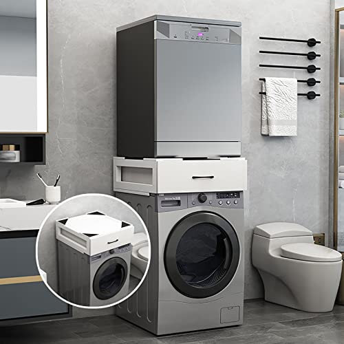 RUCRAK Universell Stapel/verbindungsrahmen Für Waschmaschine Und Wäschetrockner, Zwischenbaurahmen Mit Ausziehplatte Aus Kunststoff Zwischenbausatz Mit Auszug Als Ablage Für Wäschekorb