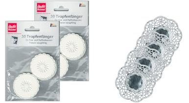 Demmler Tropfringe/Tropffänger 2er Set - Zum Abfangen von herunterlaufenden Tropfen - Farbe: Weiß - Insgesamt 60 Stück - inklusiv 4 Silberne Tassendeckchen - Made in Germany