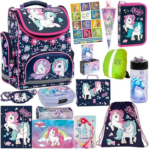 Goldkids Einhorn Schulranzen XXL Set 15er Ranzen Tornister Federmappe Turnbeutel Gummizugmappe Zuckertüte Brotdose Trinkflasche Aufgabenheft Aktentasche Unicorn Motiv