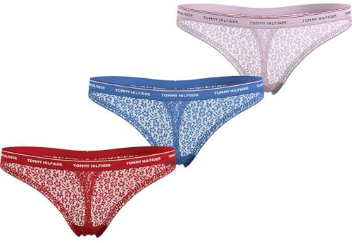 Tommy Hilfiger Women's 3 Pack Thong Lace (Ext Sizes) Uw0uw04896 Thongs, Red (Fierce Red/Blue Spell/Pearly Pink Other Version), XL