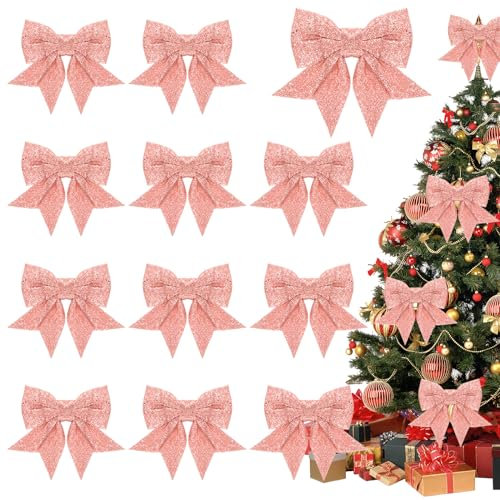 KAMEUN 12 Stück 14CM Schleifen Weihnachten Glitzer Champagner Rosa Weihnachtsbaum Schleifen Weihnachtsbaumschmuck für Familienfeiern Party Dekoration für Weihnachten Urlaub Hochzeit Feierlichkeiten