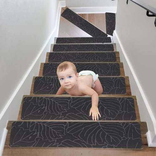 15Pcs Tappeti per Scale,Tappetini Antiscivolo Sicurezza Runner Interno Riutilizzabile, Tappeti in Gomma per gradini, Tappetino Protezione per Interni per Bambini, Anziani e Animali Domestici 76x20cm