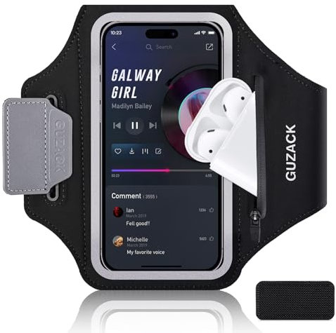 Running Armband Phone Holder MP3 Player Armbands with Earbuds Zipper Pocket Sweatproof Cell Phone Armband Case Men, Women Adjustable Strap Perfect for Jogging, Walking, Gym, Workout up to 6.9