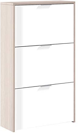 HOGAR24 ES Zapatero 3 Puertas, Capacidad 18 Pares, Color Roble y Blanco Brillo