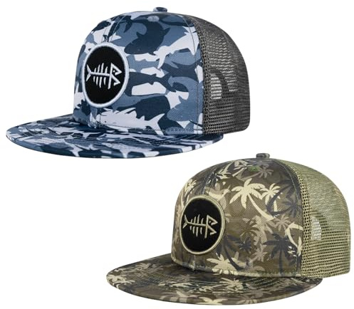 Bassdash 2 Pack Flache Krempe Trucker Cap Einstellbare Snapback Hut Mesh Zurück für Männer Frauen Angeln Jagd