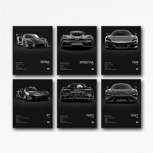XUPUE Mclaren Poster für Wände, Auto-Poster, Wandkunst, Mclaren Senna Speedtail 720S P1 765LT Poster für Jungenzimmer, Superauto-Kunstdruck, Poster, ungerahmt, 20 x 30 cm, 6 Stück