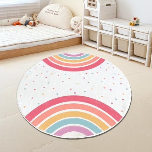 ZCVAcom Kinder-Spielteppich, farbenfroher Regenbogen-Punkt, runder Teppich, Kinderzimmer-Fußmatte, weicher Plüsch, rutschfest, Kinderteppich für Schlafzimmer, Wohnzimmer, Kinderspielzimmer (rosa