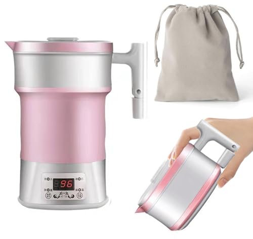 Hervidor Eléctrico Plegable,800ML Hervidor de Agua Portátil de Viaje, 800W Hervidor de Agua Eléctrico Panel Táctil Inteligente,Hervidor de Agua Rápido para Té/Café para Camping/Viajar,sin BPA (Rosa)