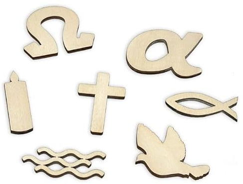 Holz-Konfetti Taufe mit Tauf-Motiven je 1x Kreuz, Fisch, Taube, Kerze, Wasser, Alpha & Omega, Babyparty, Geburt oder Kommunion, Dekoration zum Streuen, 7 Stück, aus Holz ca. 5cm, kirchlich, christlich