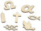 Holz-Konfetti Taufe mit Tauf-Motiven je 1x Kreuz, Fisch, Taube, Kerze, Wasser, Alpha & Omega, Babyparty, Geburt oder Kommunion, Dekoration zum Streuen, 7 Stück, aus Holz ca. 5cm, kirchlich, christlich