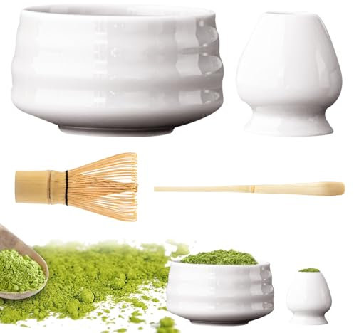 Matcha Schneebesen 4 Er Set, Matcha Set Aus Besen, Schale, Löffel Und Besenhalter, Handgefertigtes Keramik Matcha Geschenk Kit Für Traditionelle Zubereitung Von Matcha Tee (Weiß)