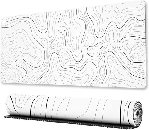 Minimalistic Topographic Map Gaming Mouse Pad - Large Desk Mat with Stitched Edges, XL Extended Mousepad with Anti-Slip Bottom, Desk Pad for Keyboard and Mouse, 31.5 X 11.8 in, White (White)