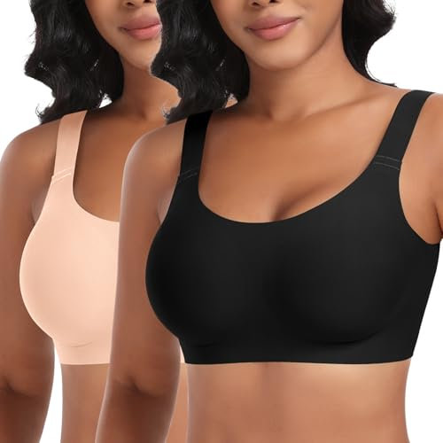 Nahtloser BH Damen Ohne Bügel Glatt Komfort Vollschalen Gepolstert Bustier Weicher BH Bequemer T-Shirt Soft BH Bra Bralette (Schwarz+Beige, L)