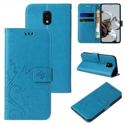 LBH Étui de protection pour Samsung Galaxy J3 (2017) - Motif papillons et fleurs - Fonction support - Fermeture magnétique - Protection complète à 360 ° - Bleu