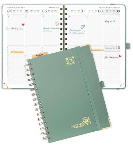 POPRUN Kalender 2025 2026 Buchkalender Ringbuch mit Hardcover, ca. A5 (21,5 x 16 cm), 17-Monate-Terminplaner (Aug.2025-Dez.2026), Wochenplaner 2025 2026 mit Plastiklineal - Mitternachtsgrün