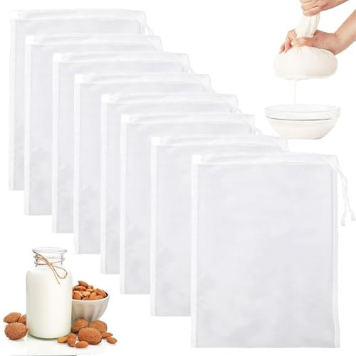 8 Piezas Bolsas de Leche de Nueces, Bolsa de Colador Reutilizable, Bolsas Coladoras De Malla para Bebida Vegetal, Cheese Cloth, para Bebida Vegetal, Zumos de Frutas Verduras, Leche Vegetal, café, té