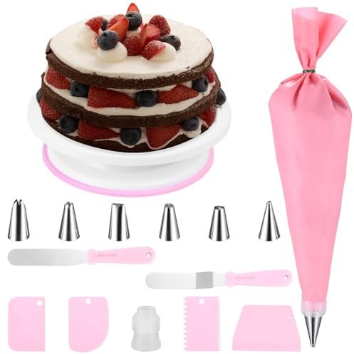 14 Pcs Cake Decorating Kit, Rotating Cake Turntable and Decorating Set, with Cake Tools Icing Piping Kit, Cake Piping Bags and Piping Tips Supplies, Cake Scraper, Cake Baking Accessories Baking Kit