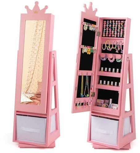 DREAMADE 3-in-1 Kinder-Kosmetikspiegel aus Holz mit Schmuckschrank, Stoffbox und Ablage (drehbar, Rosa)