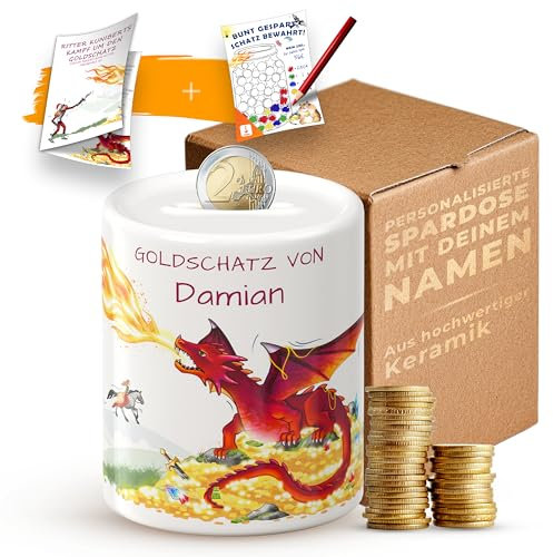 Personalisierte Kinder Spardose mit Namen und Tiermotiv – inkl. Geschichte zum vorlesen Geschenkidee Sparbüchse Jungen, Mädchen, Einschulung, Geburtstag – Motiv Schatzdrache