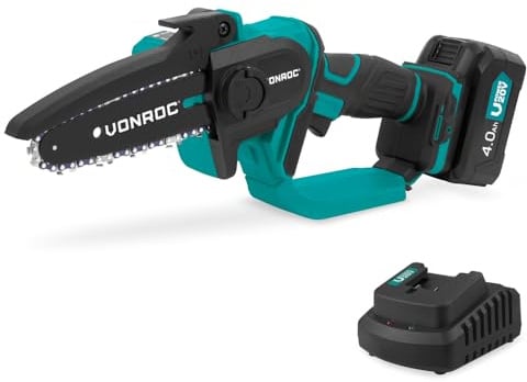 VONROC Mini-Kettensäge mit Akku 20 V, Akku Kettensäge 152 mm Sägeblatt, 127 mm Schnitt, Softgrip, leicht 1,28 kg, Schnellwechsel, Sicherheit (Inkl. 4Ah Akku)