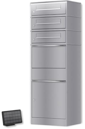 Metzler Paketbox mit LED-Solarbeleuchtung und 3 Briefkästen in Graualuminium RAL 9007, wetterfest und abschließbar, großes Fach für Pakete bis DHL Größe M, freistehend montierbar, rostfrei