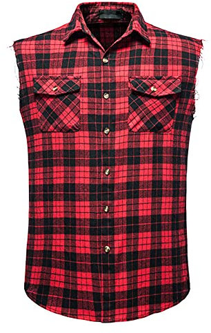 Chemise à carreaux sans manches pour homme - Chemise décontractée en flanelle boutonnée - Coupe régulière - Gilet de travail pour poches - Coupe ample vintage, Rouge, XXL