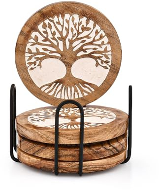 Mahasu Coaster Set Iron & Acacia Wood Set of 4 Handmade Round Wooden Tree of Life Coasters for Coffee Table, Hot Drinks (SET OF 4)