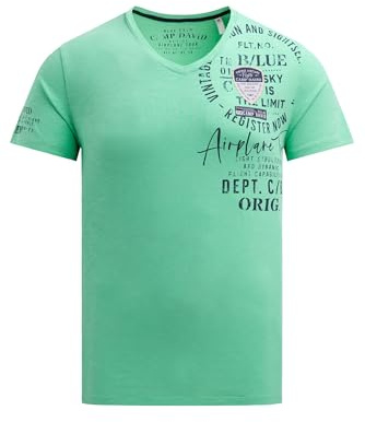 Camp David Herren T-Shirt V-Neck mit Used Prints und Patches Flight Green, XXL