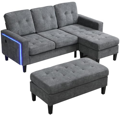 SHAIRMB Ecksofa Ausziehbar, Schlafsofa 3-Sitzer mit beweglicher Fußstütze, extra großes Sofa in L-Form, 3-Sitzer + Kombination mit Fußstütze, Modernes modulares Sofabett,Grau