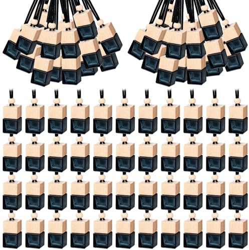 50 Pack Empty Car Diffuser Bottles Bulk, 8 ml Hanging Glass Air Freshener | Wooden Caps, Refillable Perfume Bottles for Home Business Christmas DIY Craft Gifts, Black