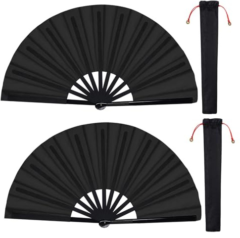 2 Packs Handheld Folding Fans, Large Chinese Tai Chi Folding Fan in Black, Nylon Cloth Kung Fu Fan with Holder Sleeve, for Men and Women, Performance Dance Decor, Festival Supplies, 25.4 x 13.4 Inches
