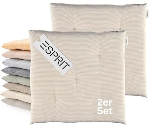 Esprit 2er Set Sitzkissen Stuhl 40x40cm Beige - Bequeme Stuhlkissen für Esszimmer & Küche - waschbar bis 30°C - Öko-Tex - Sitzauflage für Gartenmöbel, Sitzpolster, Bank, Bürostuhl & Boden