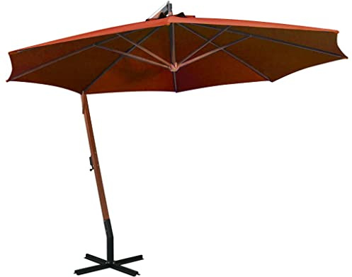 Keeushr Parasol déporté avec mât anthracite 3,5 x 2,9 m en bois massif de sapin pour terrasse et jardin, tissu polyester résistant aux UV, 8 baleines stables en bambou et pied en croix pour haute