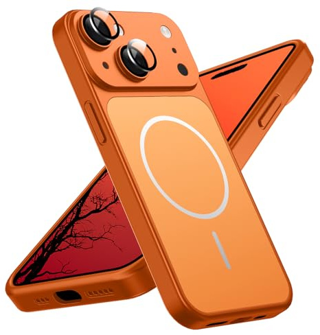 Yoawiful für Handyhülle iPhone 15 Hülle Magnetic Orange | Metallic Luster PC Kompatibel mit Mag Safe für [Mit integriertem Kameraschutz] Stoßfest Militärschutz Schutzhülle Dünn case