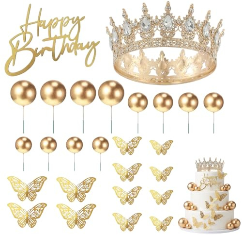 Krone für Torte, Prinzessin Geburtstag Dekoration, 26-teiliges Set mit Goldener Krone und Happy Birthday Tafel, Vielseitige Kuchen Deko für Mädchen Geburtstagsfeiern, Torten Dekoration Gold