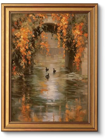 ARPEOTCY Leinwand Bilder mit Rahmen,Vintage Herbstdeko Wandbild | Bauernhaus Gefallene Blätter Wanddeko, 30×40cm Herbstwald für Wohnzimmer , Herbst Flussufer Landschaft Kunstdrucke