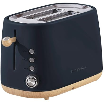 Statesman 2 Slice Scandi Toaster, Navy Blue | 900W Power, 6 Adjustable Browning Levels, Defrost, Reheat, Cancel Function, Removable Crumb Tray, Cord Storage