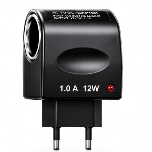 Adattatore Accendisigari 12V 1A, Convertitore 230V a 12V DC, Alimentatore da Rete con Fusibile 10A, Presa EU per Auto, Camper, GPS, Dashcam e Dispositivi 12V