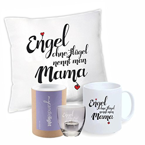 4you Design Muttertag Geschenkset Engel ohne Flügel nennt Man Mama, Set inkl. Kissen, Tasse, Windlicht mit Geschenkbox, Wunderschöne Geschenkidee zum Geburtstag, Weihnachten oder Ostern