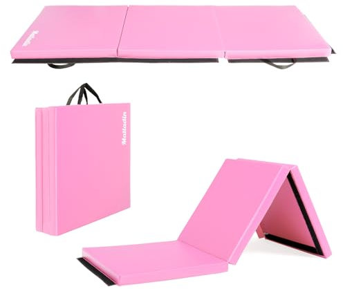 Bonnlo 6' Folding Tri-fold Gymnastics Gym Exercise Aerobics Mat, 6’x 2’x 2” PU Leather Tumbling Mats for Stretching Yoga Cheerleading Martial Arts (Pink)
