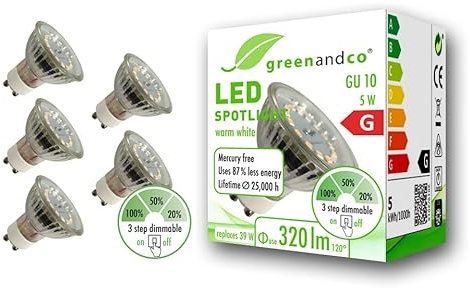 greenandco 5x GU10 LED Spot | dimmbar ohne Dimmer | 5W 320 lm | 3000K warmweiß | 110° | 230V | CRI 90+ | flimmerfrei