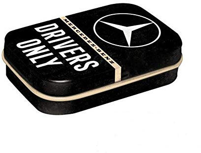 Nostalgic-Art Retro Pillendose, 4 x 6 x 1,6 cm, Mercedes-Benz – Drivers Only – Geschenk-Idee für Mercedes-Benz Fans, Original Lizenzprodukt (OLP), mit Pfefferminz-Dragees, Vintage Design