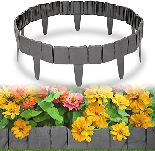 Trintion Rasenkante Kunststoff 2.5M Beeteinfassung Steinoptik Beetumrandung Gitterbett Umzäunung Gartenzaun Beetbegrenzung Höhe 10,5cm Rasenkantensteine für Obstgärten Beete Wege 10 Stück