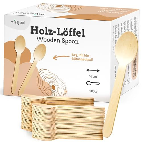 wisefood Einweglöffel aus Birkenholz, Einweg Holzlöffel 16cm flach, Biologisch abbaubares Einwegbesteck, Holzbesteck, Einweg Löffel, Holz Löffel (100 Stück)