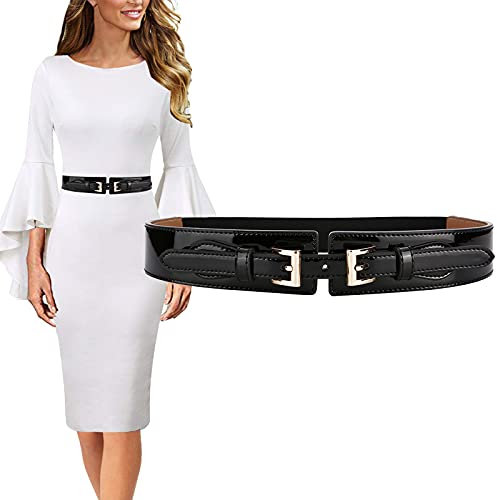 Longwu Cinture eleganti in pelle verniciata sottile Cinturino in vita Vita sottile Cintura donna con fibbia quadrata in lega dorata, Cintura elastica moda per abiti Abito Tuta Decorazione (Nero)